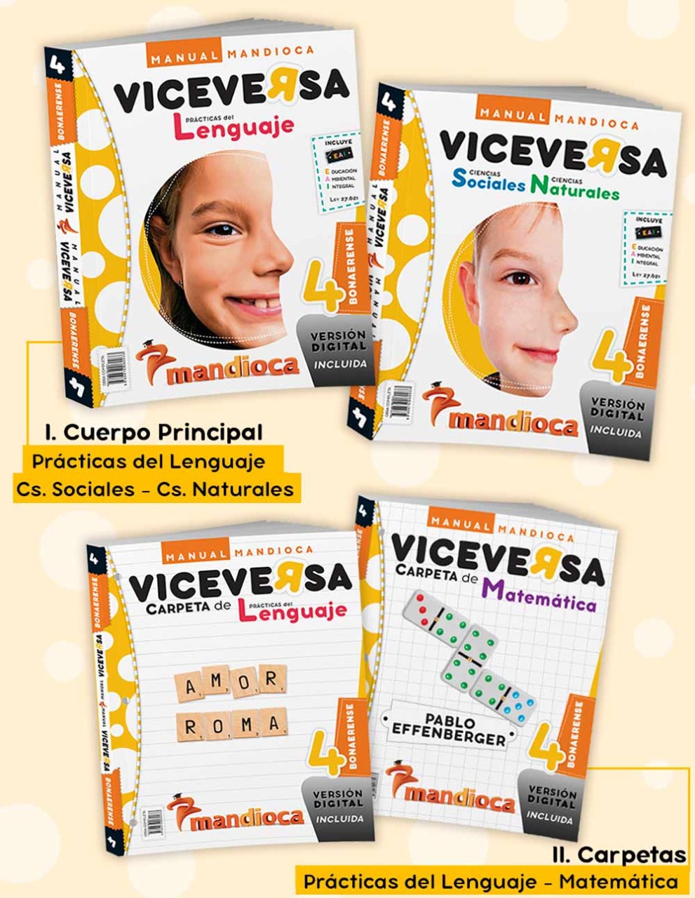 MANUAL VICEVERSA 4 BON - 2 Tomos: I Libro P del Lenguaje + Cs. Nat/Soc.  II Carpetas de Mate y Lengua